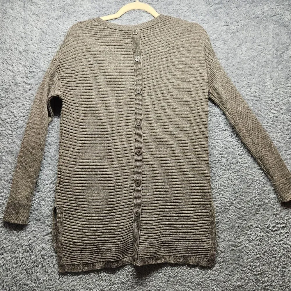 Tahari Womens Brown Ribbed Merino Wool Sweater Button Down Back Size Medium